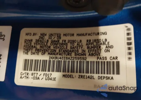 2010 Toyota Corolla S z USA, uszkodzony, nr VIN 1NXBU4EE8AZ259592